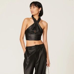 Staud Kai Faux Leather Halter Crop Top Black Keyhole Twist Sleeveless Vegan sz12